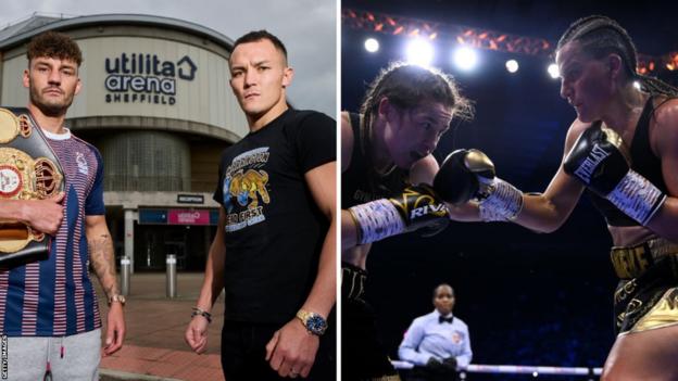 Pictures of Josh Warrington and Leigh Wood facing off in front of an arena and Katie Taylor in action against Chantelle Cameron in a fight