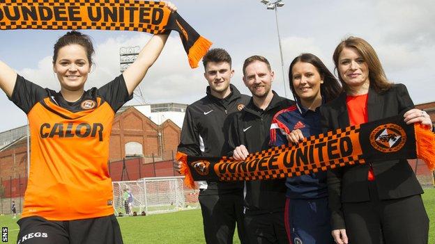 Dundee United player Steph Thompson, John Souttar, Dundee United Community Manager Gordon Grady, Scottish FA Development Officer Sam Milne and Director Justine Mitchell attend the GA Engineering Arena in connection with the launch of the Dundee United FC Women's Football Team