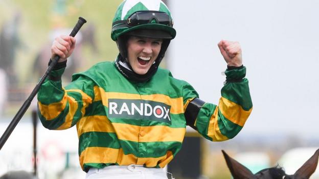 Rachael Blackmore celebrates winning the Grand National in 2021 on Minella Times