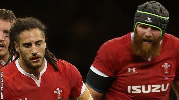 Josh Navidi and Jake Ball in action for Wales