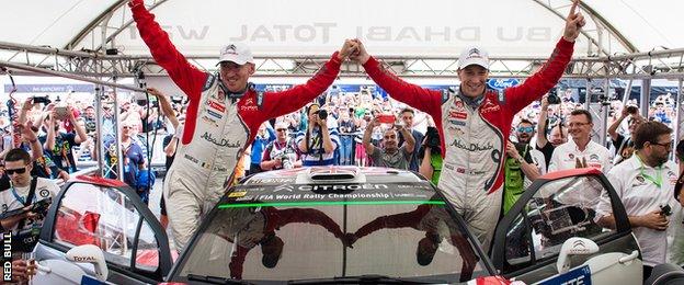 Kris Meeke and Paul Nagle celebrate at Rally Finland