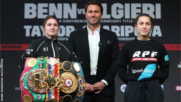 Eddie Hearn stands between Katie Taylor and Firuza Sharipova