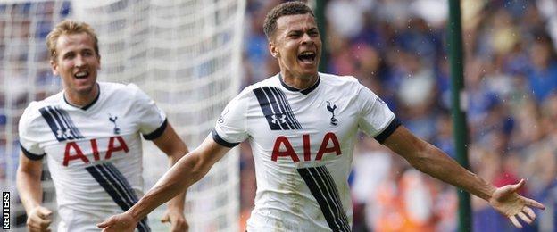 Dele Alli celebrates after scoring against Leicester - it was his first goal for Spurs, on his second appearance