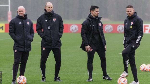 Wales’ Head Coach Robert Page, Wales’ Coach Alan Knill, Wales’ Coach Eric Ramsay and Wales’ Coach Chris Gunter