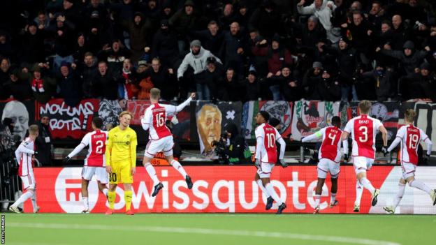 Ajax players celebrate their late winner against Bodo/Glimt