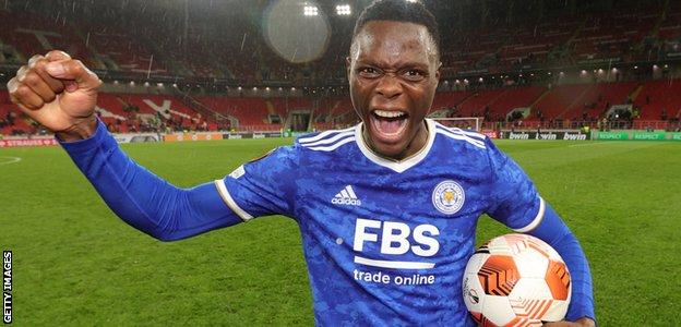 Patson Daka celebrates scoring four goals for Leicester City against Spartak Moscow