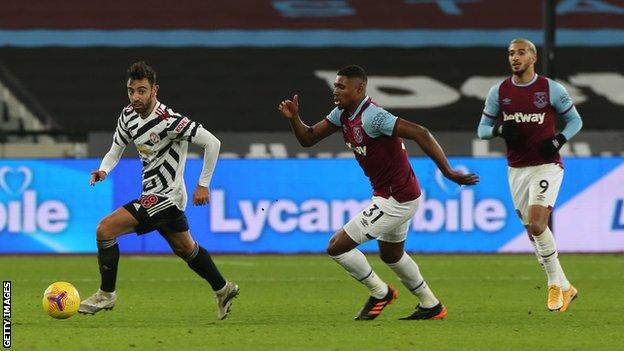 Bruno Fernandes with the ball at West Ham