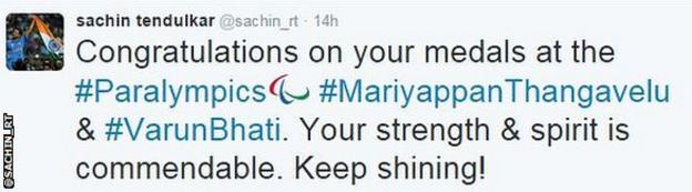 Leading Test run scorer Sachin Tendulkar congratulated Mariyappan Thangavelu and Varun Singh Bhati on Twitter