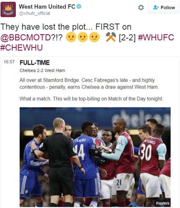 West Ham tweet referencing the BBC Sport Premier League live text