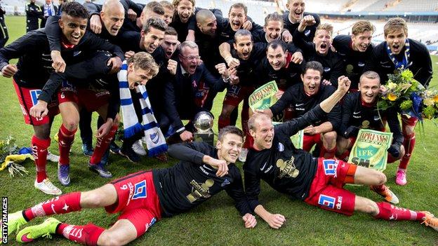 Norrkoping's players celebrate winning the Swedish League at Malmo