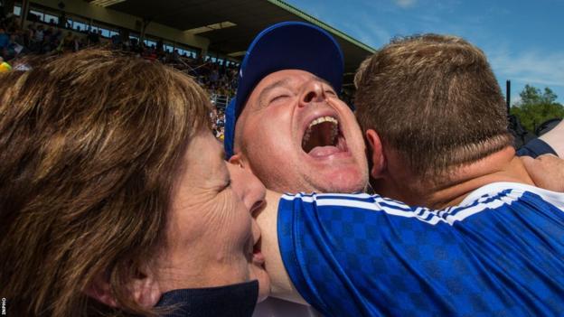 Malachy O'Rourke celebrates after Monaghan's Ulster Final triumph over Donegal in 2015