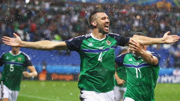 Gareth McAuley celebrates scoring for Northern Ireland at Euro 2016