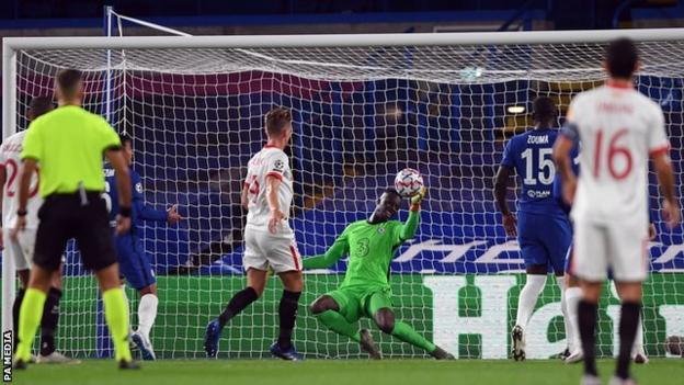 Chelsea keeper Edouard Mendy makes a save during his side's Champions League goalless stalemate with Sevilla