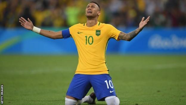 Neymar celebrating winning Olympic gold with Brazil at Rio 2016