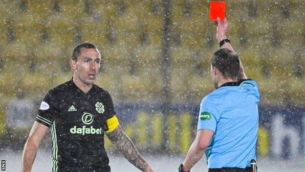 Celtic captain Scott Brown is ordered off five minutes after coming on as a late substitute