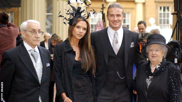 David Beckham, wife Victoria and his grandparents at Buckingham Palace in November 2003