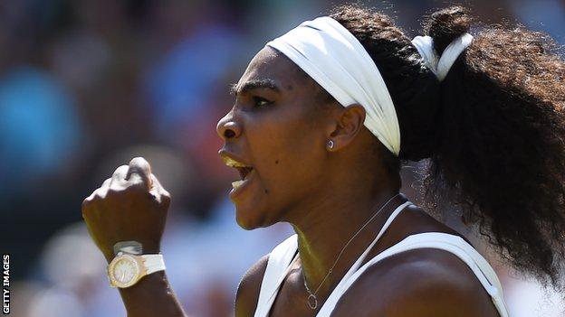 Serena Williams clenches her fist after winning a point during the 2015 Wimbledon final against Garbine Muguruza