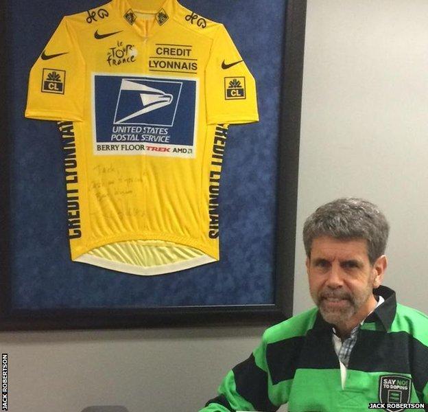 One of Armstrong’s yellow jerseys adorned Robertson's office wall at Wada. Armstrong, without realizing exactly who it was for, had signed it: “Jack, Catch me if you can. Best wishes.”
