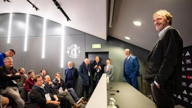 Sir Jim Ratcliffe meets members of the media before Manchester United's 2-2 draw with Tottenham