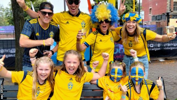 Sweden fans from Stockholm in Leigh's civic square before the Euro 2022 group game with Portugal