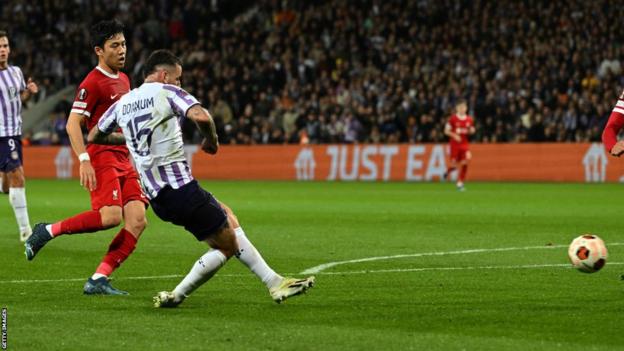 Aron Donnum scores for Toulouse v Liverpool