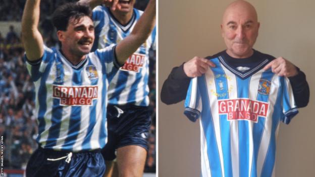 A split image showing Micky Gynn (left) celebrating Keith Houchen's equaliser in the 1987 FA Cup final and (right) with the Coventry shirt he wore at Wembley 37 years ago