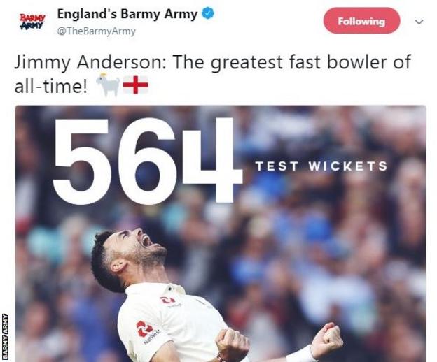 England cricket's supporters' group, the Barmy Army, paid tribute on Twitter