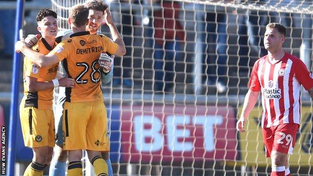 Newport County celebrate their win over Accrington Stanley