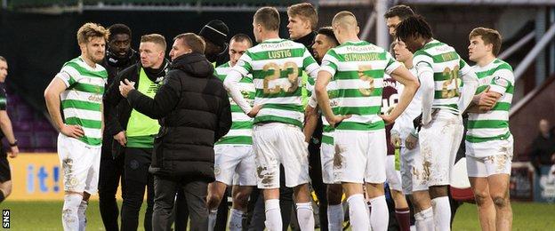 Brendan Rodgers addresses his disappointed Celtic players after Hearts halt their unbeaten run