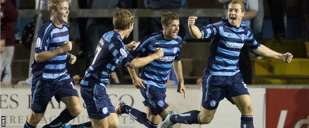 Michael Dunlop celebrates scoring for Forfar Athletic against Hearts