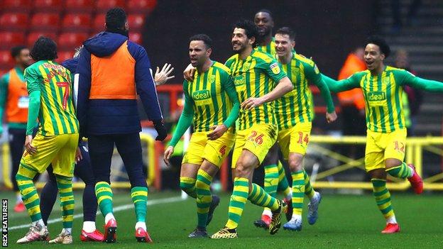 West Bromwich Albion celebrate their third goal at Bristol City