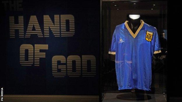 Diego Maradona's 1986 World Cup 'Hand of God' shirt is on display at Sotheby's in London, before it is offered at auction