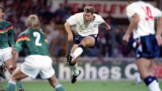 Paul Merson shoots against West Germany in a friendly in 1991