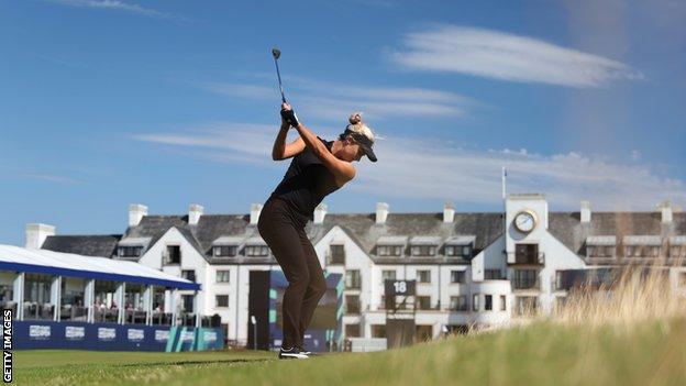 World number 12, US golfer Lexi Thompson plays the 18th hole at Carnoustie in a warm-up to the AIG Women's Open
