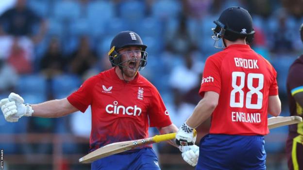 Phil Salt and Harry Brook celebrate win against West Indies