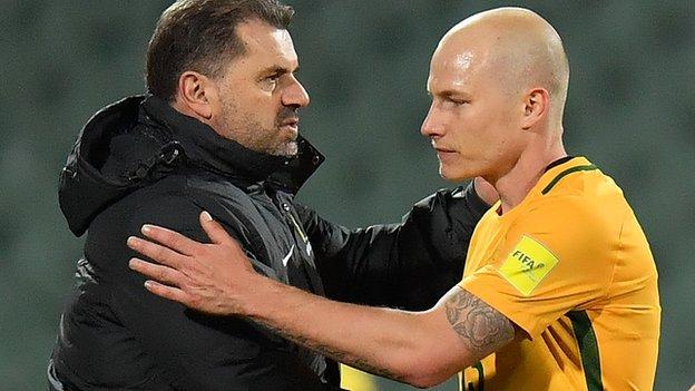 Aaron Mooy, right, rejoins his former Australia manager Ange Postecoglou with a move to Celtic