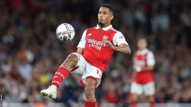 William Saliba of Arsenal during the Premier League match between Arsenal and Aston Villa at Emirates Stadium on August 31, 2022