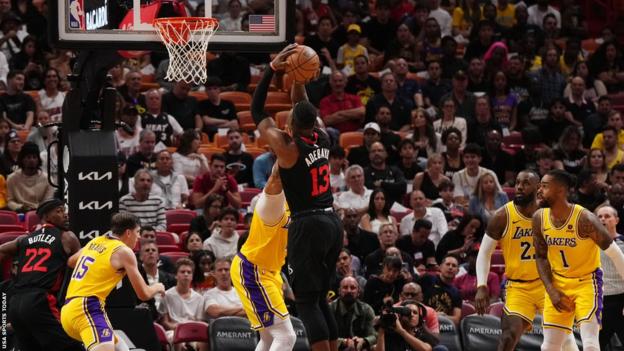 Bam Adebayo shoots the ball against the Los Angeles Lakers