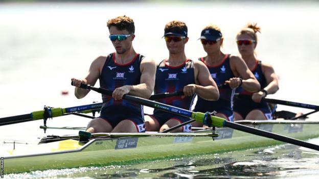 The GB PR3 mixed coxed four of Ed Fuller, Morgan Fice-Noyes, Giedre Rakauskaite and Frankie Allen in action in Varese