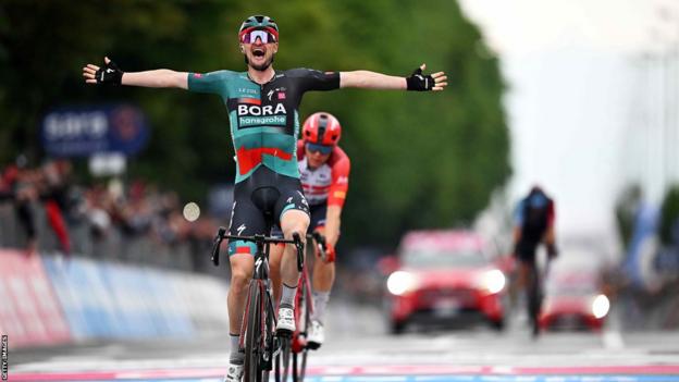 Nico Denz crosses the line to win Stage 12 of the Giro d'Italia