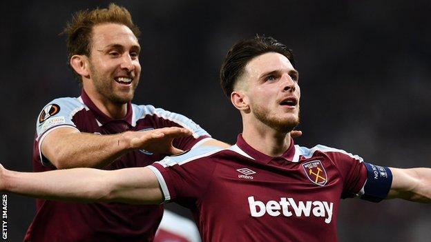 Declan Rice celebrates scoring for West Ham against Lyon