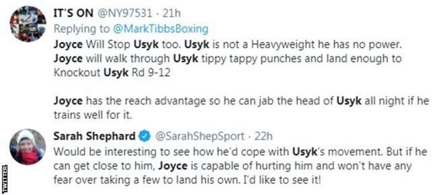 Boxing fans on Twitter react to the possibility of Joyce fighting Usyk, with one fan saying Joyce will stop the Ukrainian.