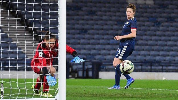 Scotland's Jen Beattie (R) has a header go wide of the post during the FIFA Women's World Cup Qualifier between Scotland and Ukraine at Hampden Park