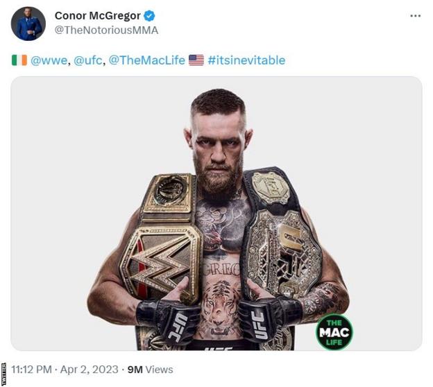 A photo of Conor McGregor holding a WWE and UFC title