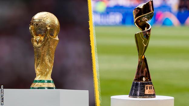 the men's and women's World Cup trophies