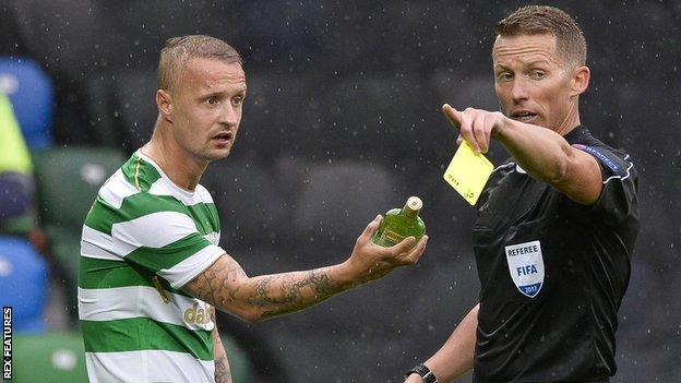 Leigh Griffiths was booked after the bottle was thrown at him at Windsor Park