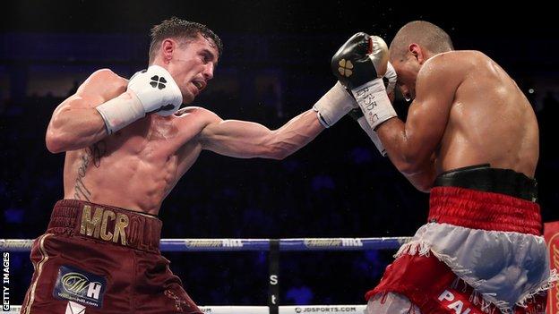 Anthony Crolla (left) lands a punch on Frank Urquiaga (right) during their lightweight bout