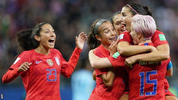 The USA celebrate scoring against Thailand in their World Cup opener
