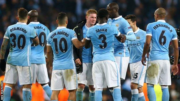 Manchester City scorer Kevin de Bruyne celebrates with team-mates after the win over PSG