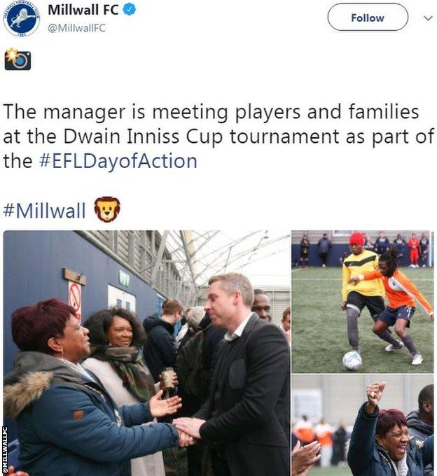 Millwall tweet about manager Neil Harris attending the Dwain Inniss Cup tournament on the EFL Day of Action